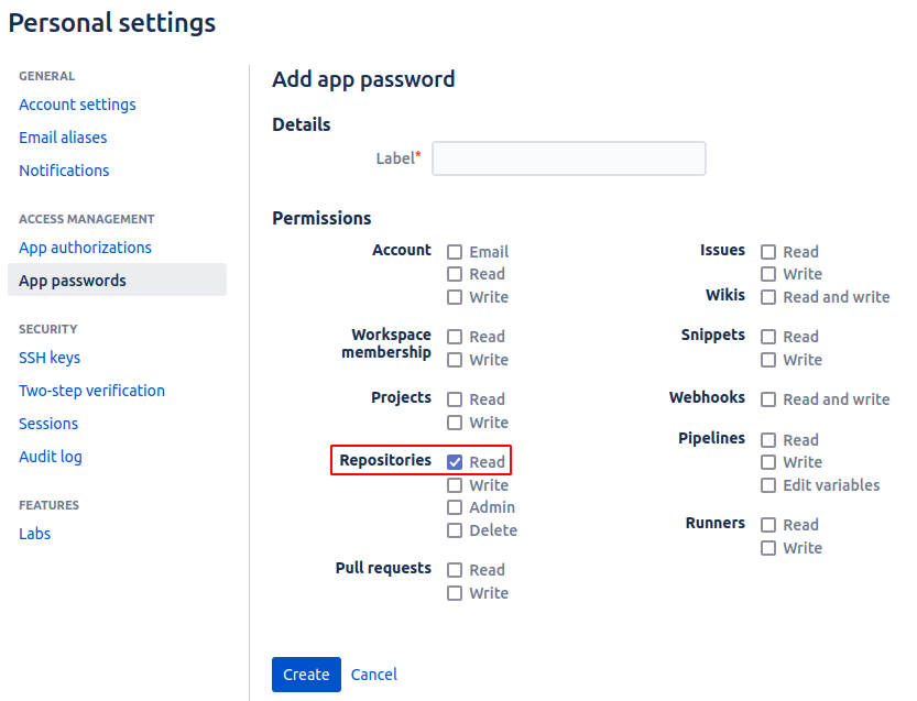 Bitbucket Add App password